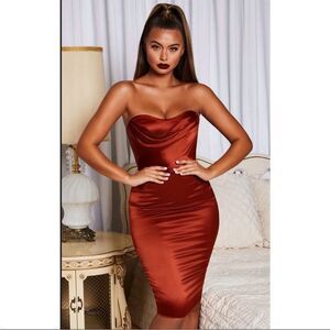 Oh Polly Satin Corset Strapless Cowl Neck Dress